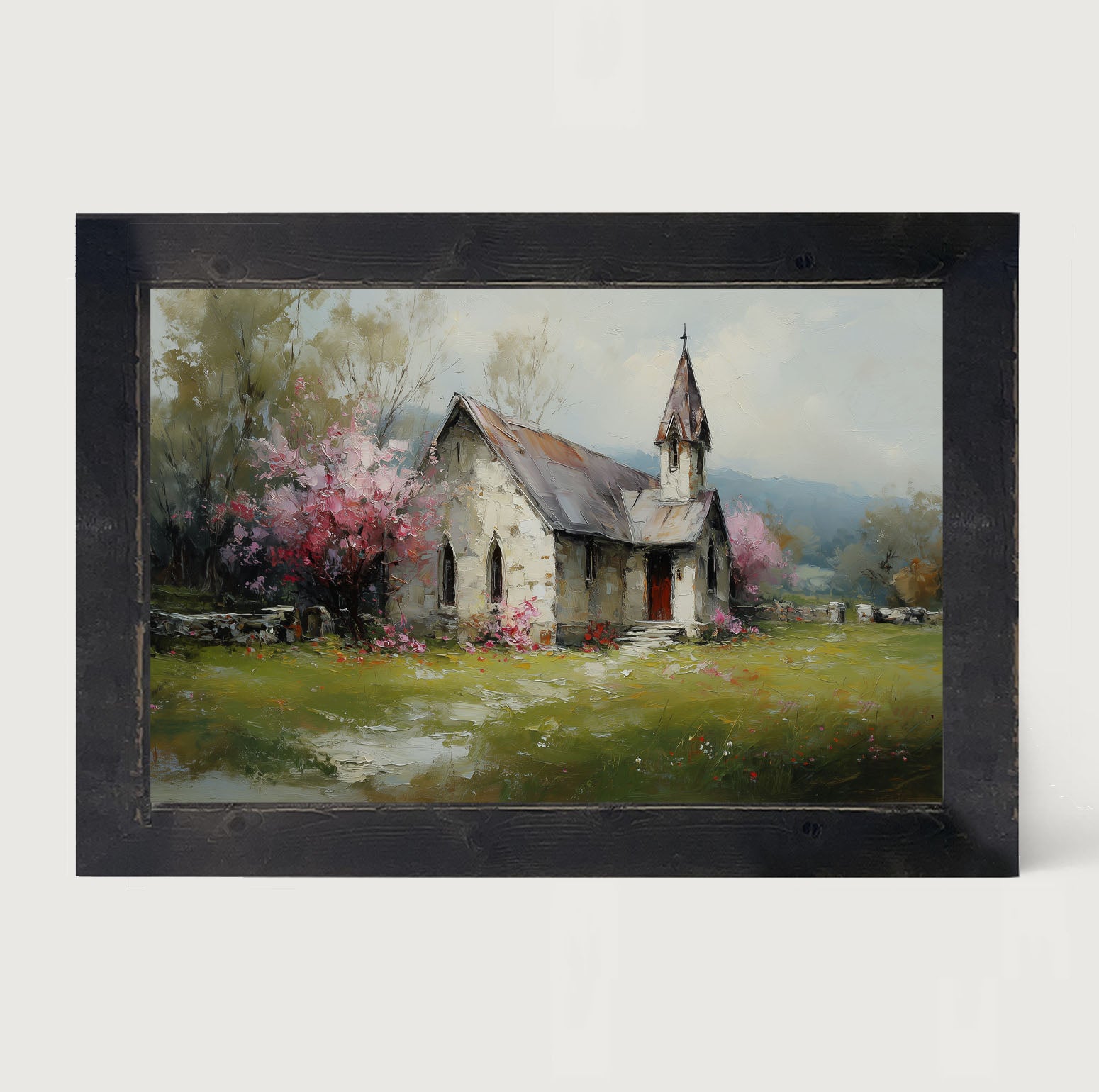 Country Church with Pink and Purple Flowering Trees