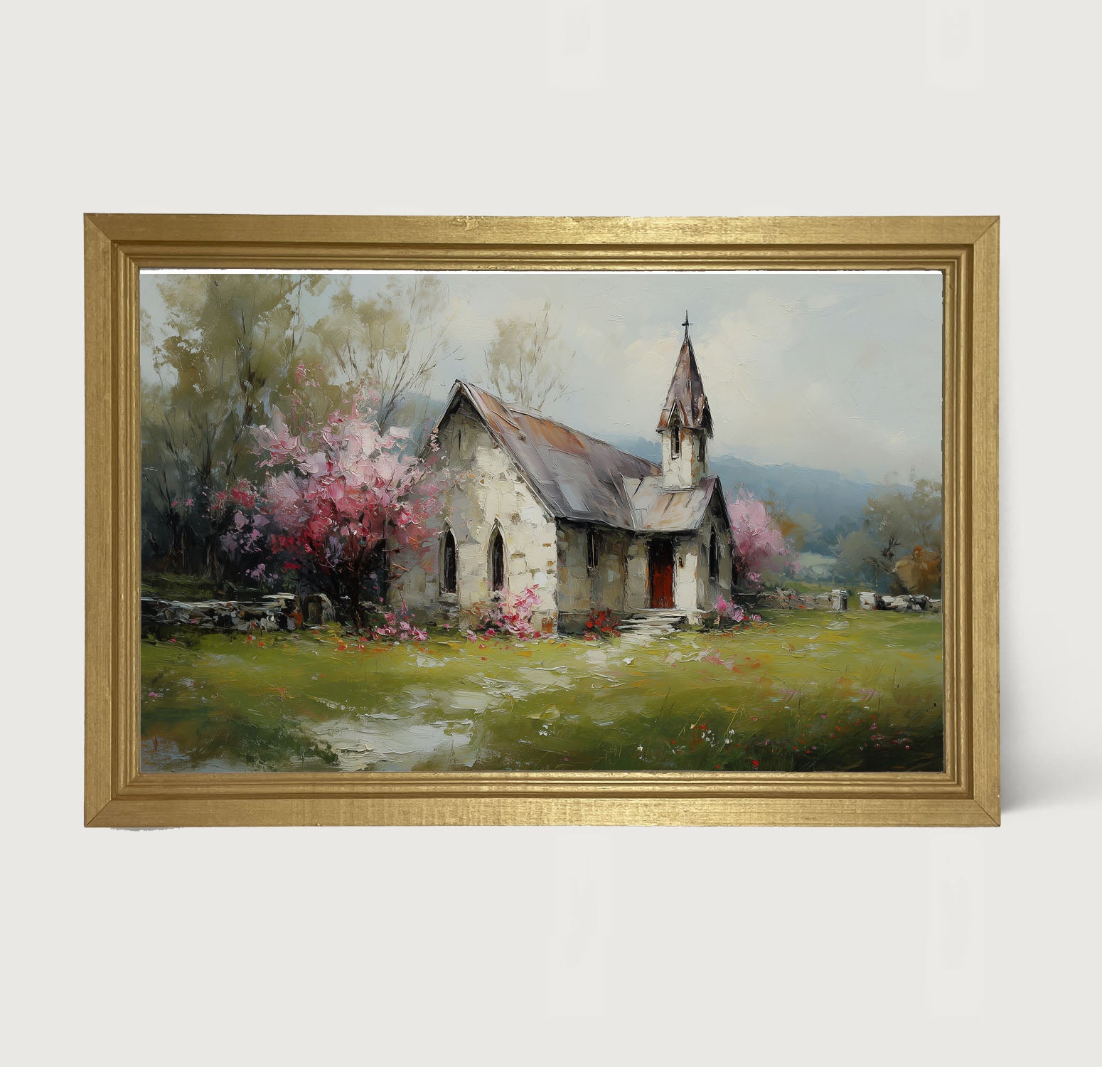 Country Church with Pink and Purple Flowering Trees