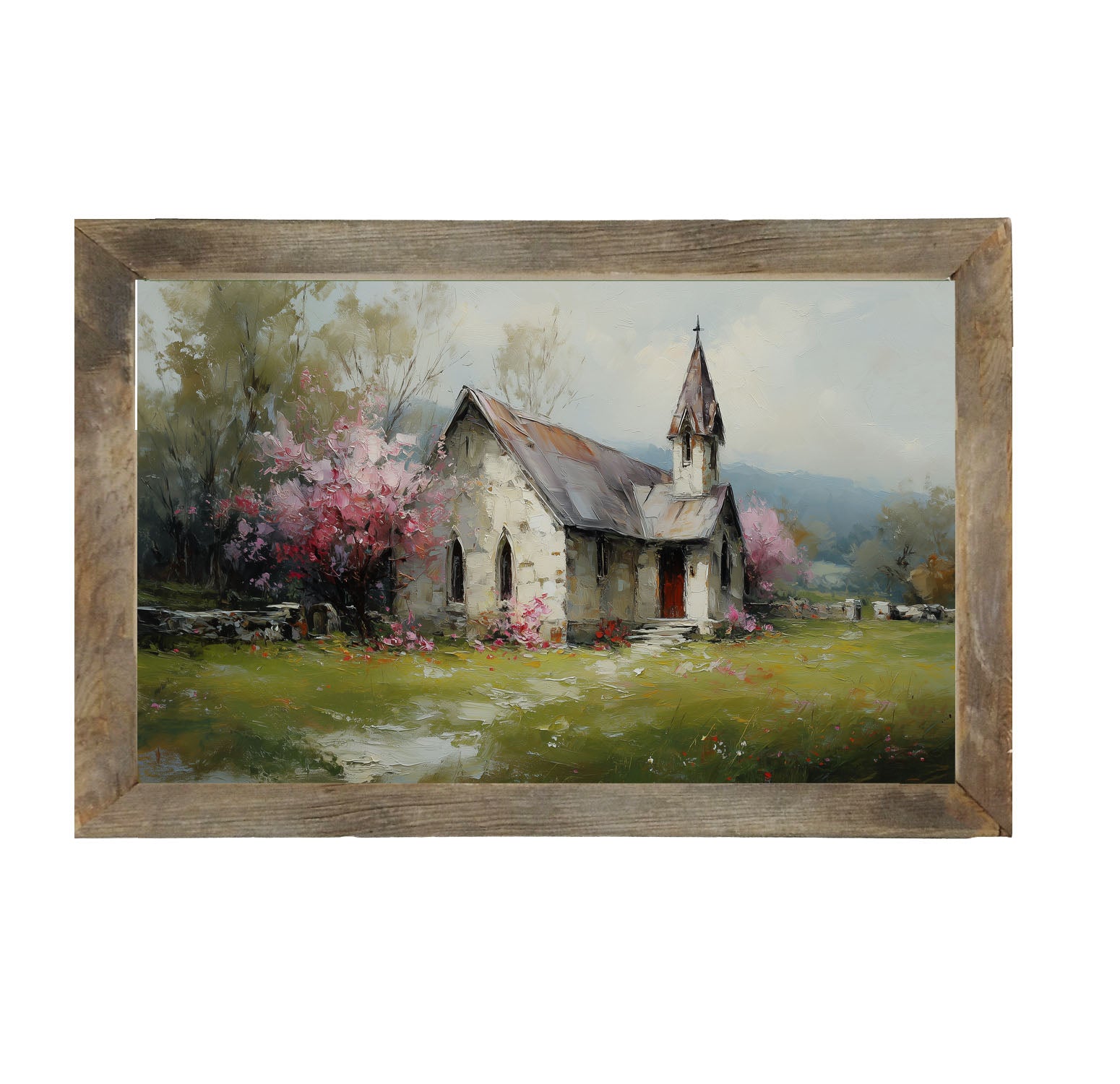 Country Church with Pink and Purple Flowering Trees - Framed Art