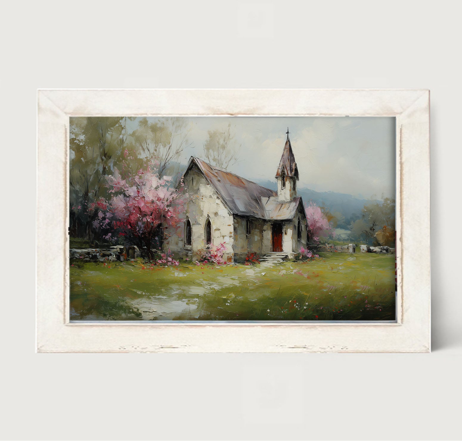 Country Church with Pink and Purple Flowering Trees