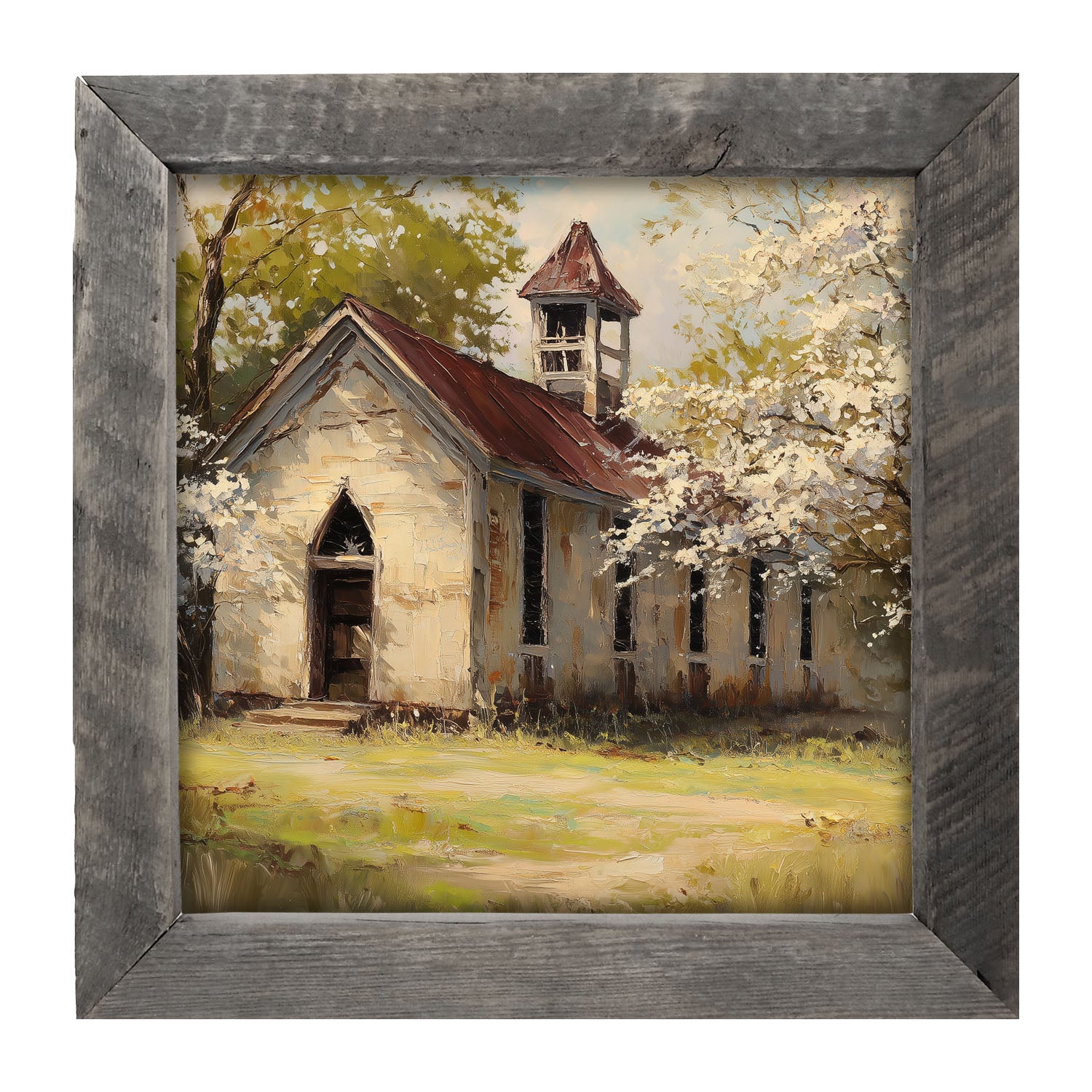 Country Church with White Flowering Trees - Framed Art