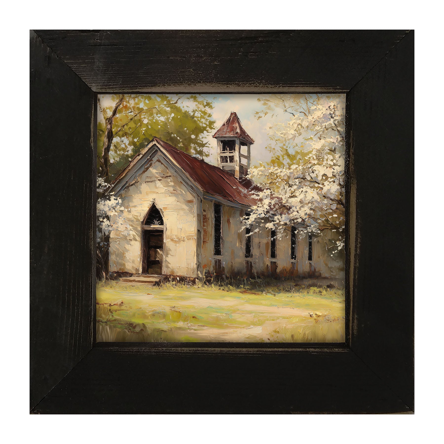 Country Church with White Flowering Trees - Framed Art