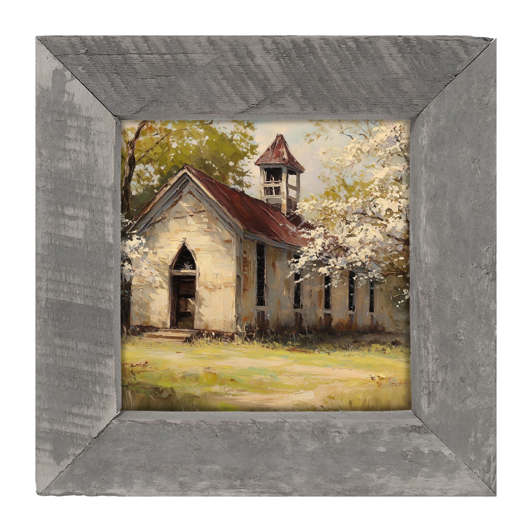 Country Church with White Flowering Trees - Framed Art