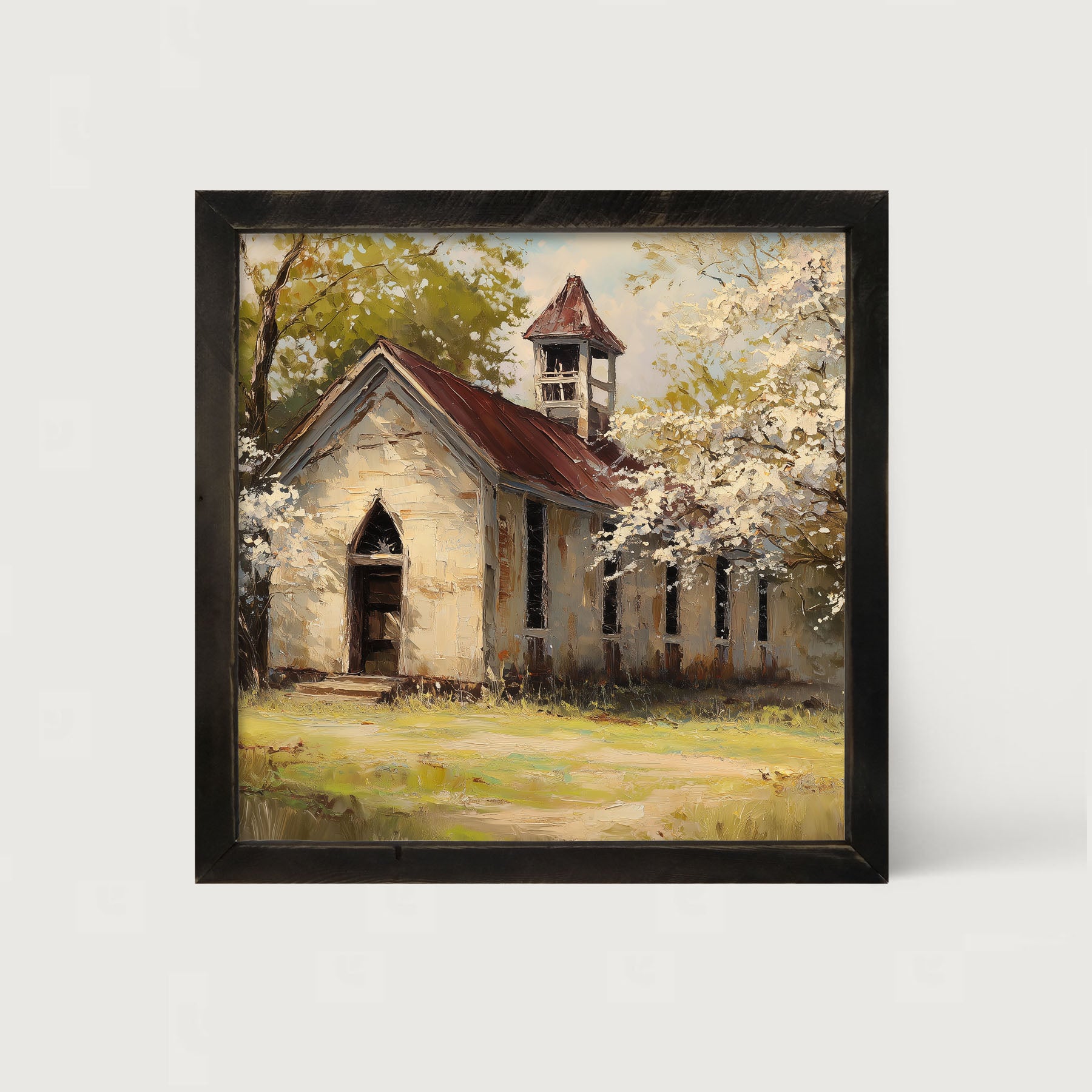 Country Church with White Flowering Trees