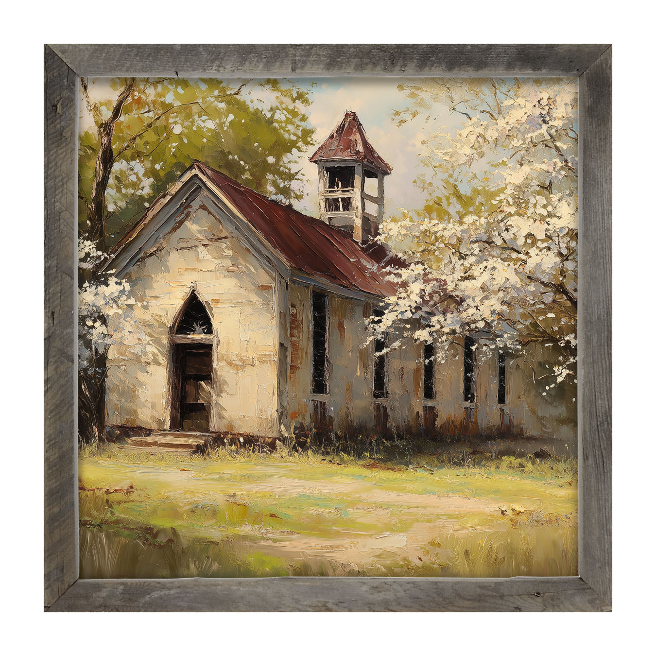 Country Church with White Flowering Trees - Framed Art