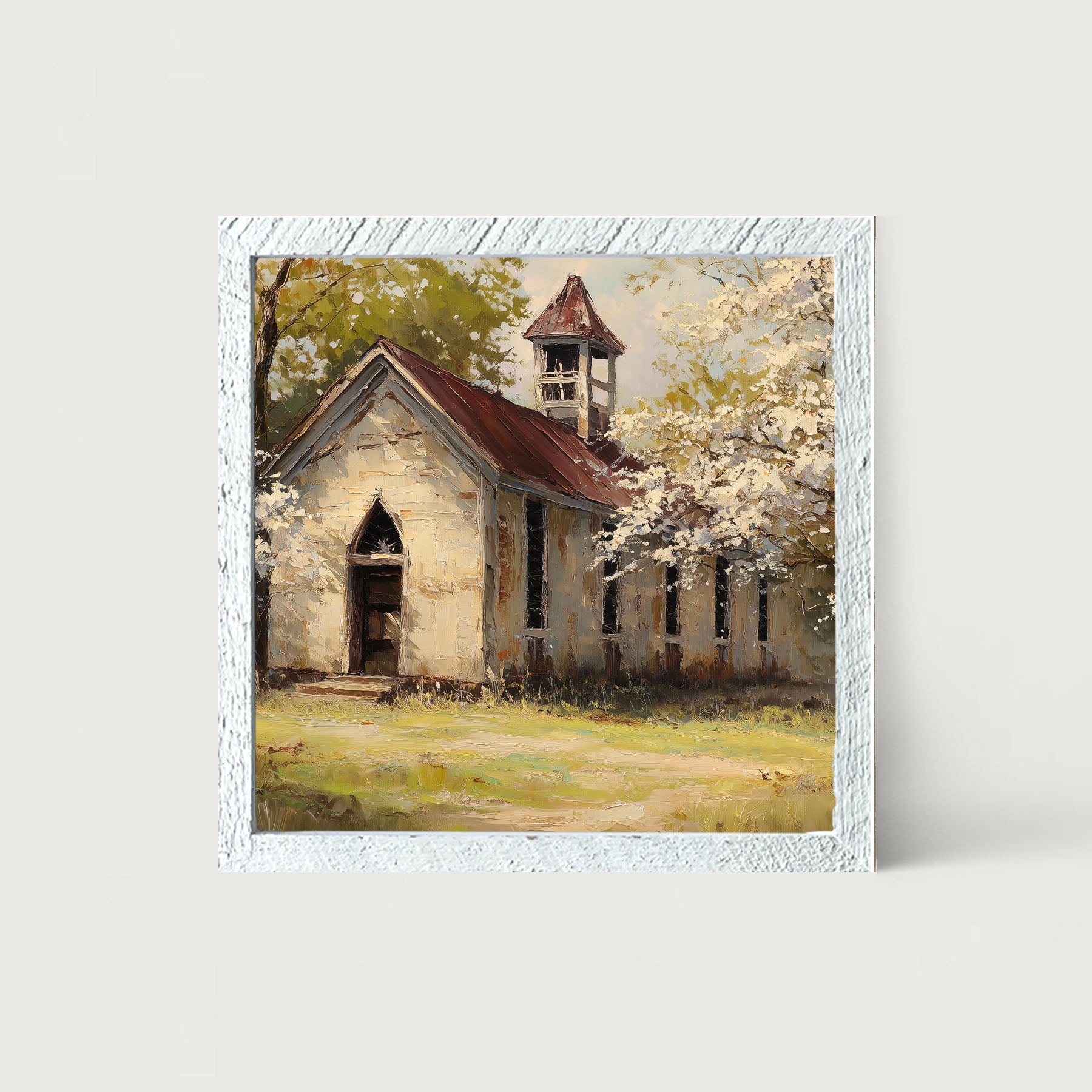 Country Church with White Flowering Trees - Framed Art