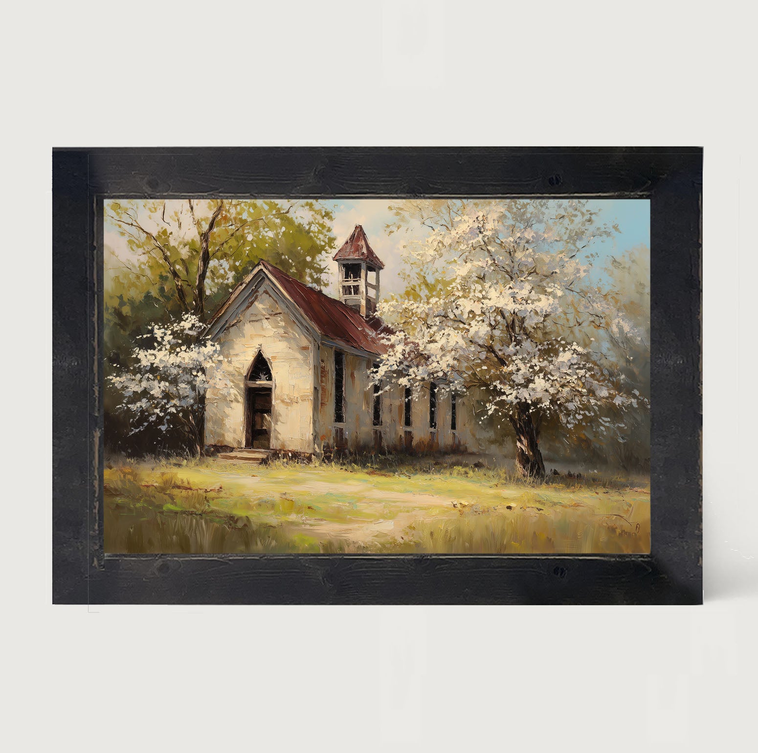 Country Church with White Flowering Trees - Framed Art