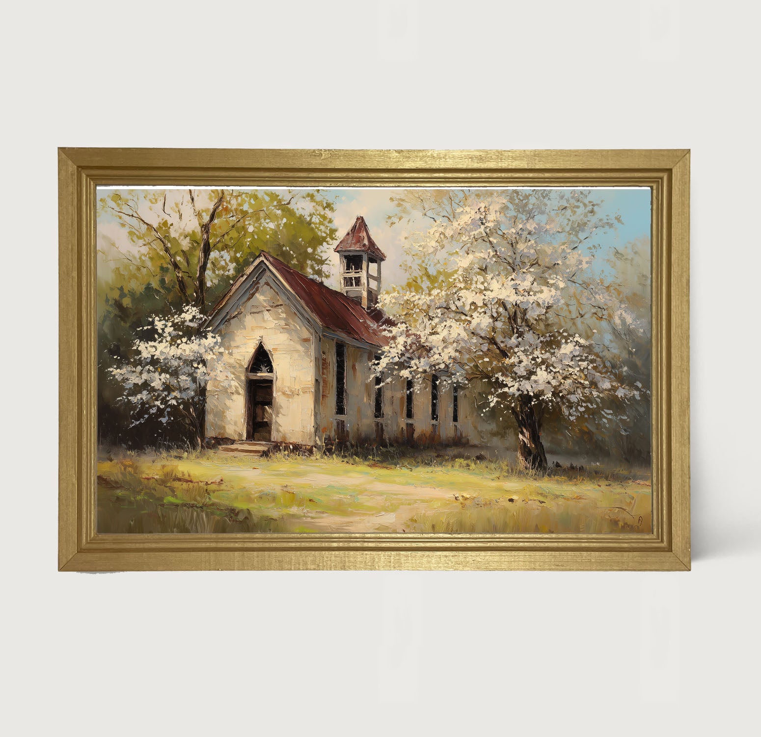 Country Church with White Flowering Trees - Framed Art