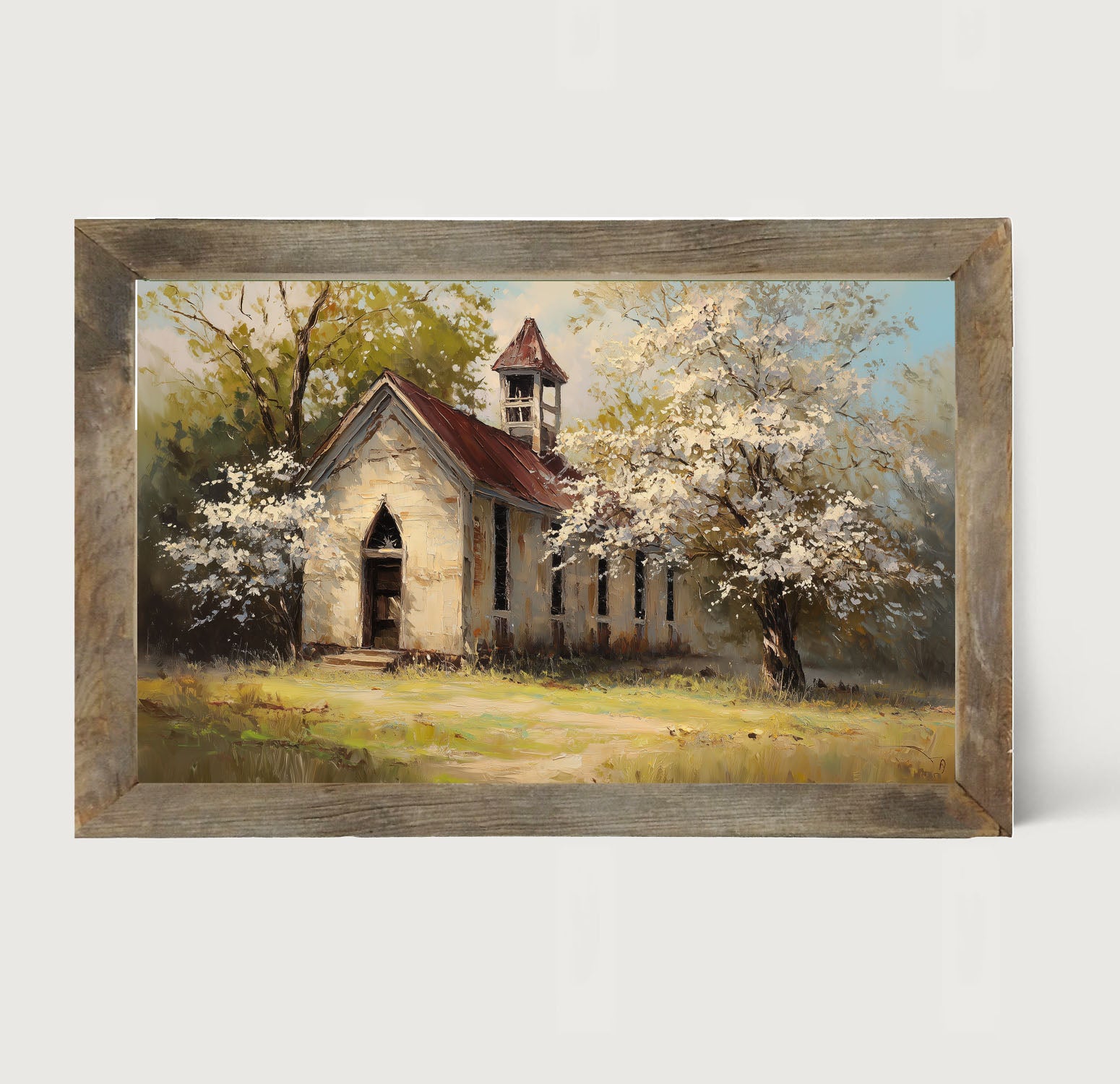 Country Church with White Flowering Trees - Framed Art