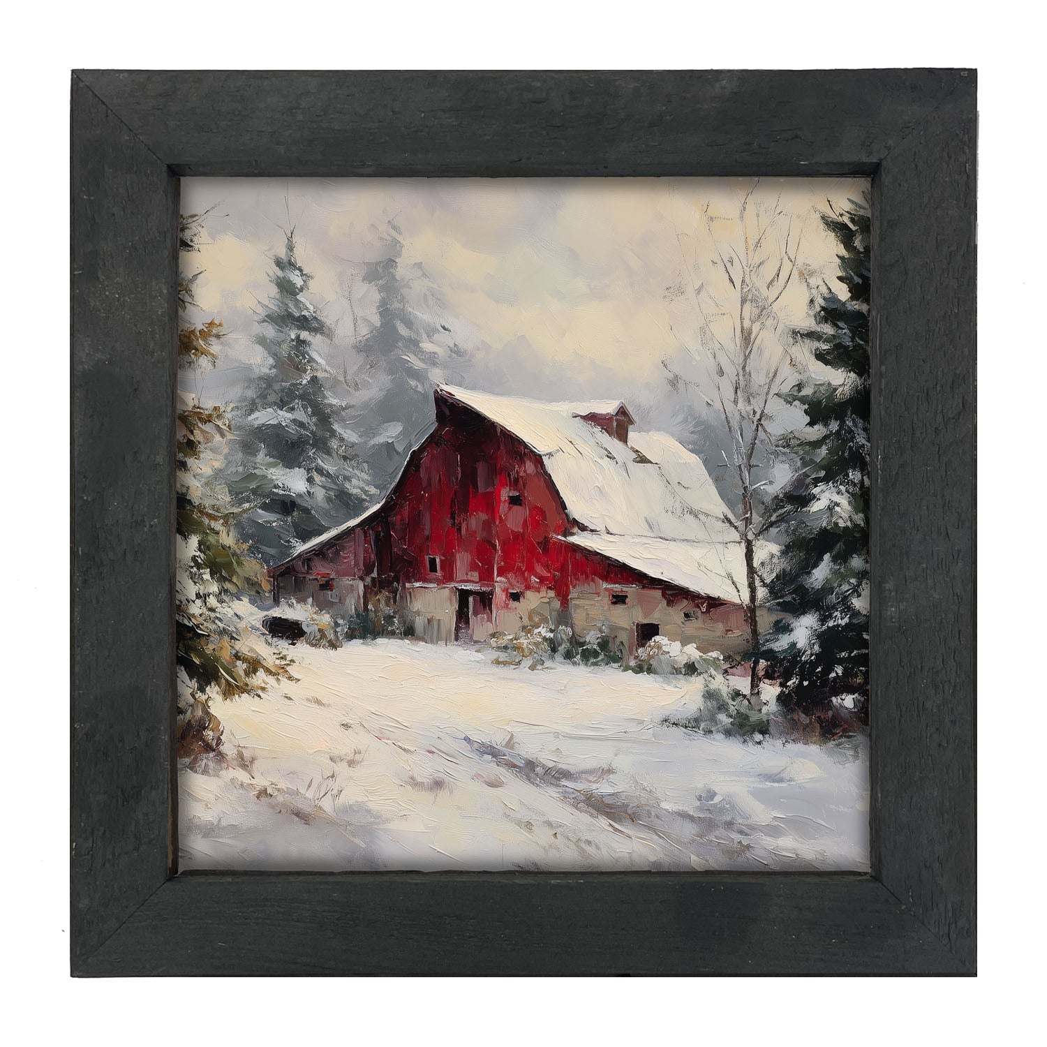 Red Country Barn in Winter - Framed Art