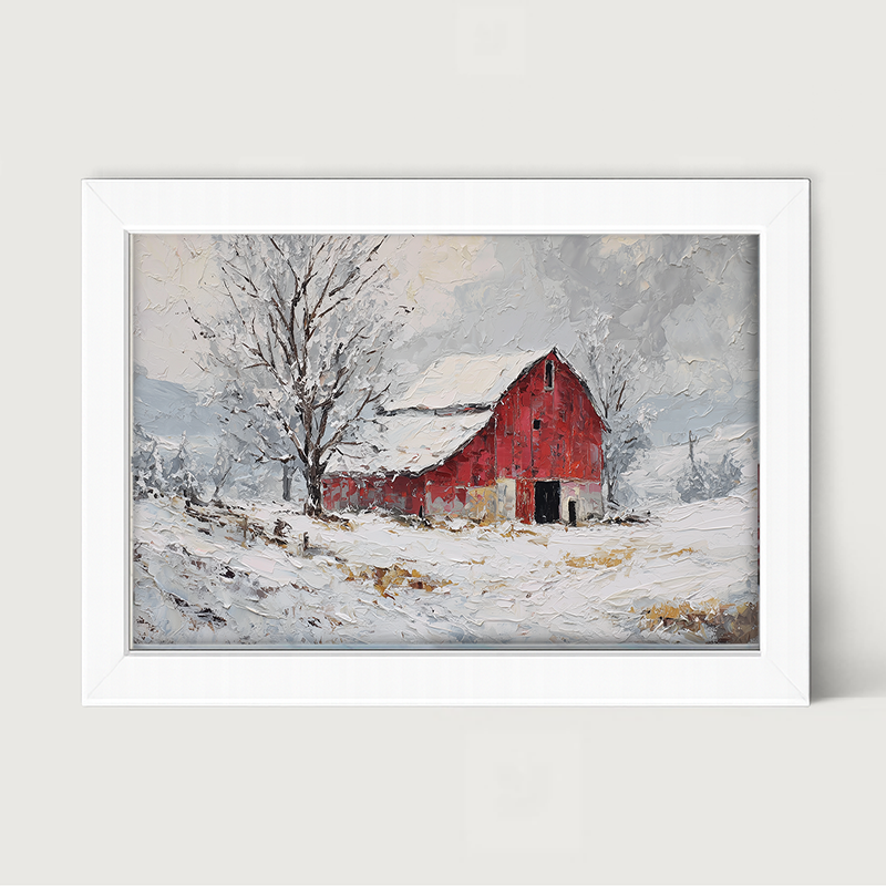 Country Winter - Red Barn near Tree