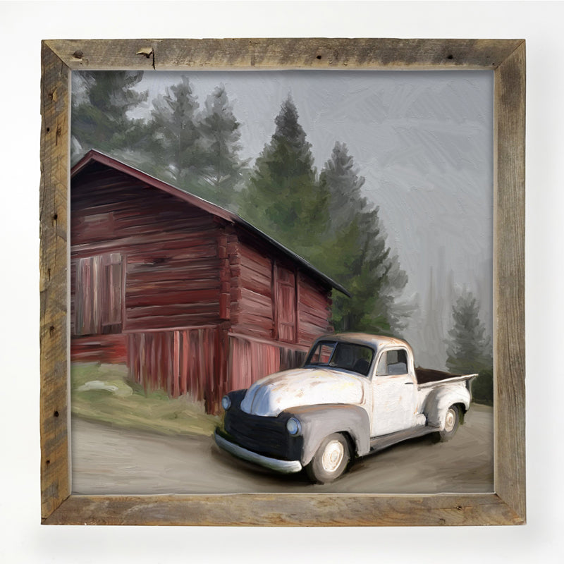 White Chevy and barn