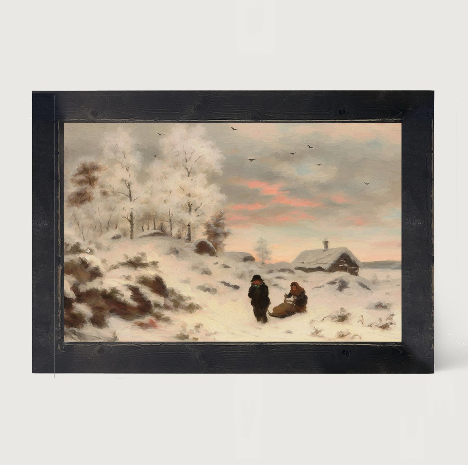 Kids in winter sleigh - Framed art