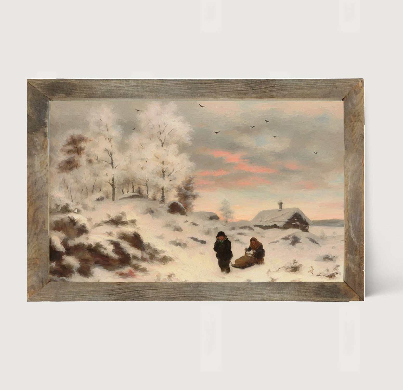 Kids in winter sleigh - Framed art