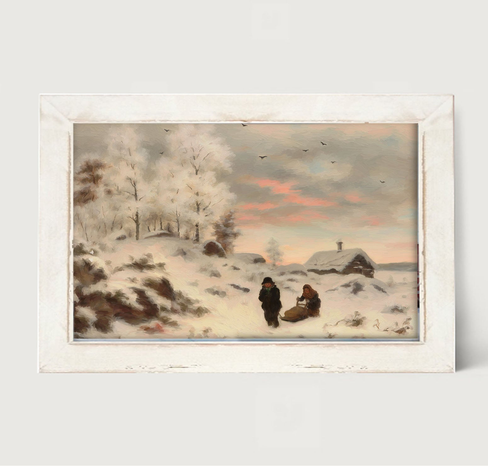 Kids in winter sleigh - Framed art