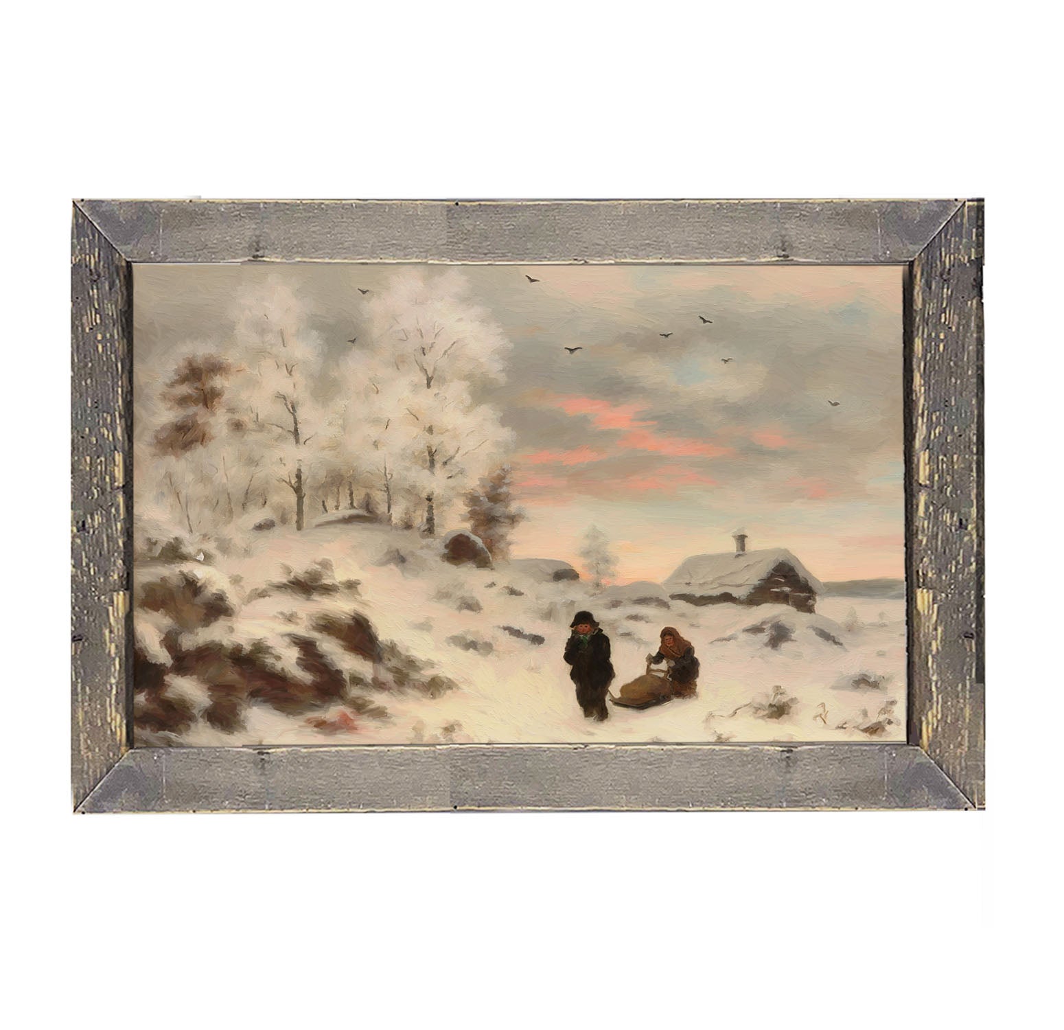 Kids in winter sleigh - Framed art