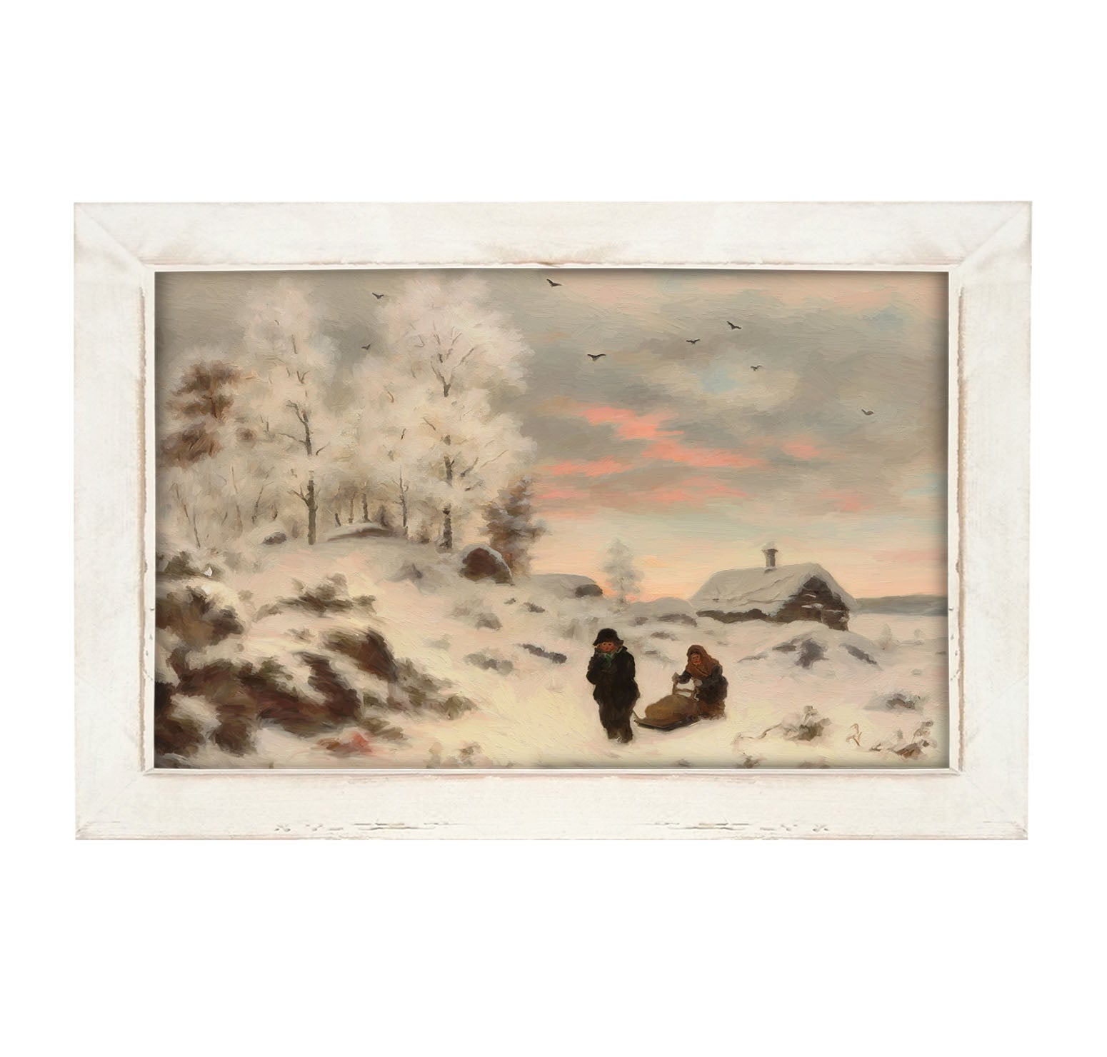 Kids in winter sleigh - Framed art