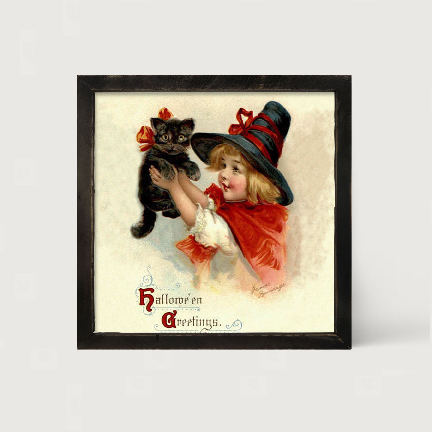 Girl with Black Cat - Framed art