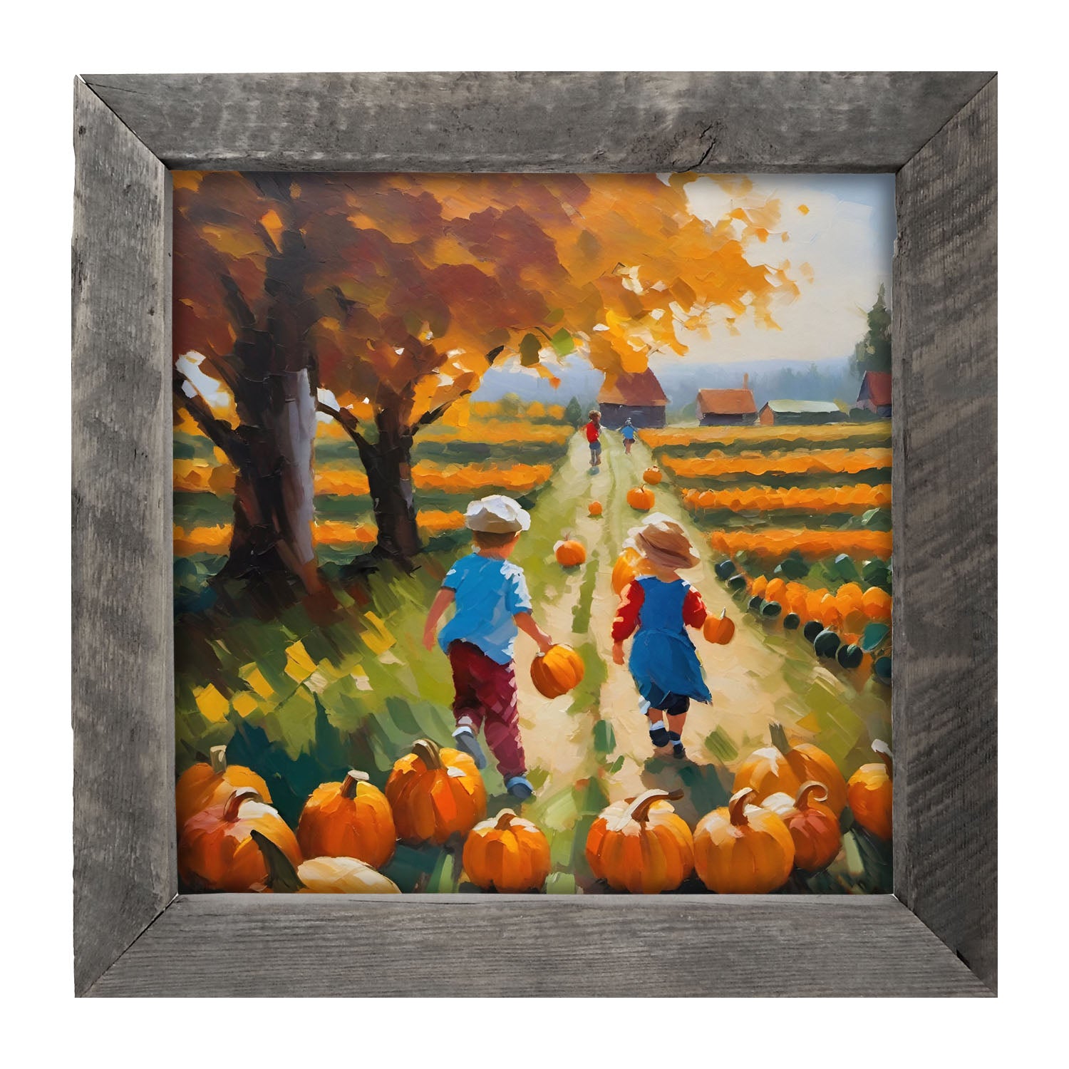 Kids picking their pumpkins - Framed art
