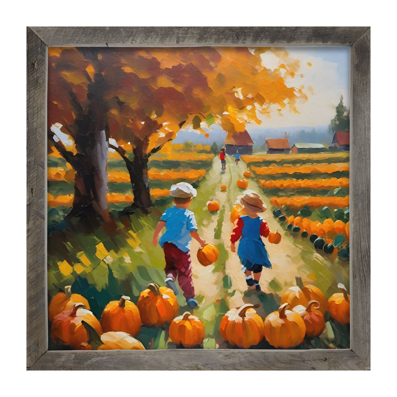 Kids picking their pumpkins - Framed art