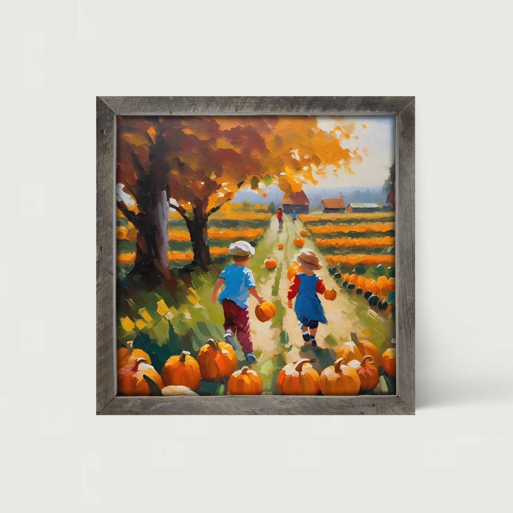 Kids picking their pumpkins - Framed art