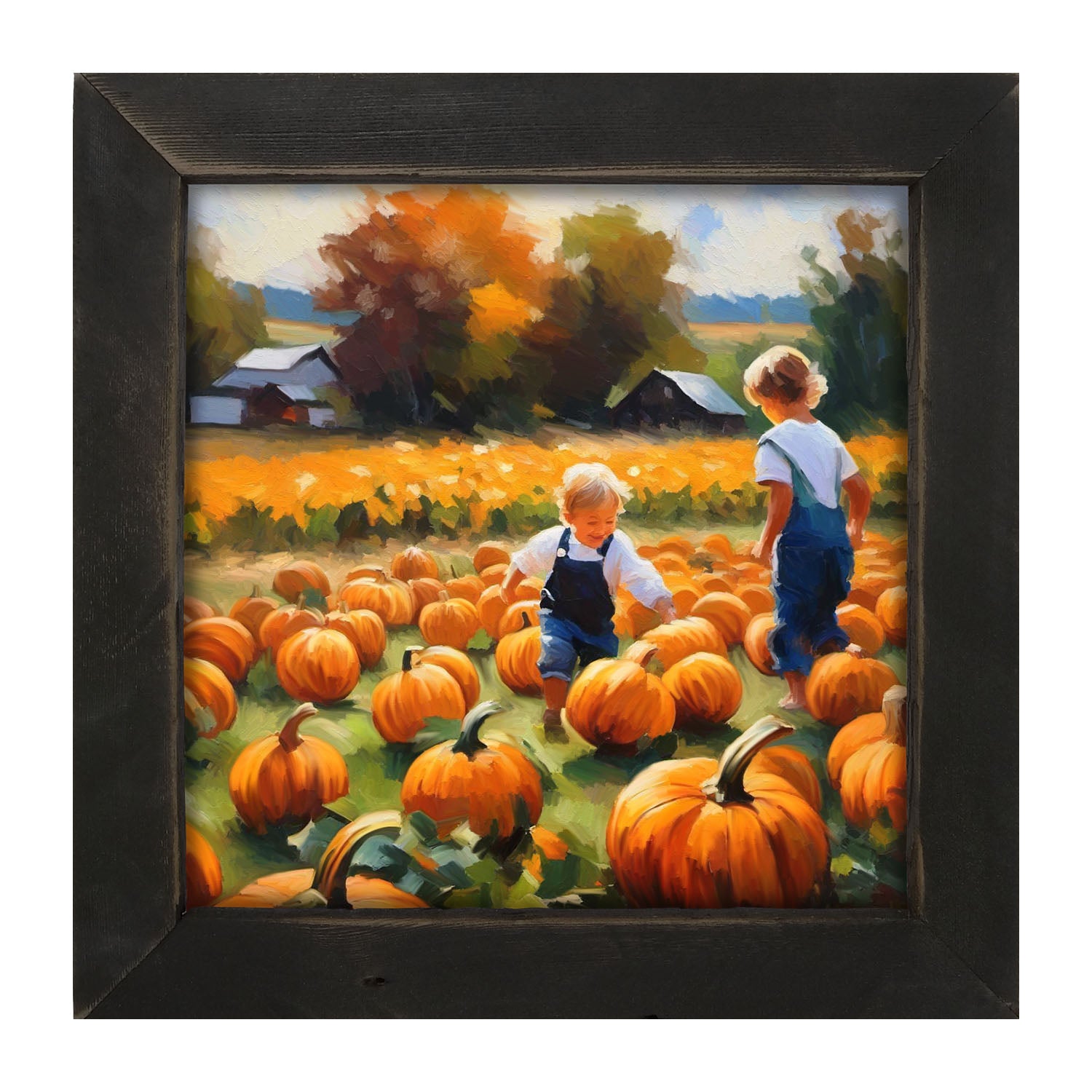 Kids in pumpkin patch - Framed art