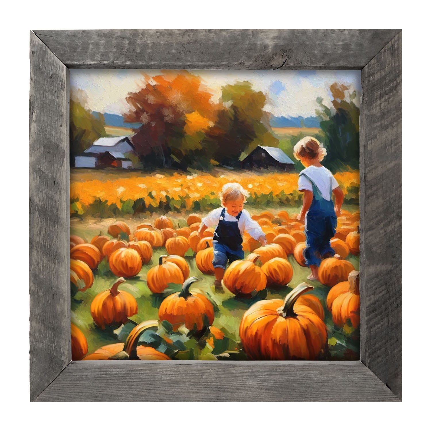 Kids in pumpkin patch - Framed art