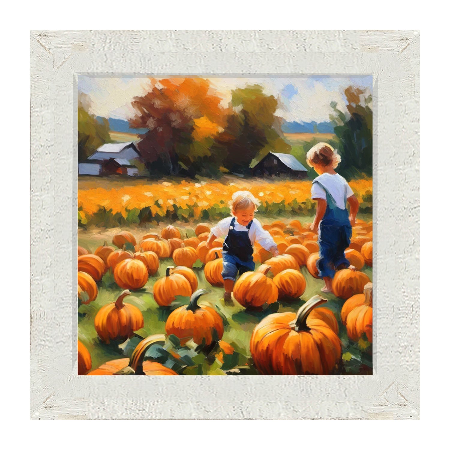 Kids in pumpkin patch - Framed art