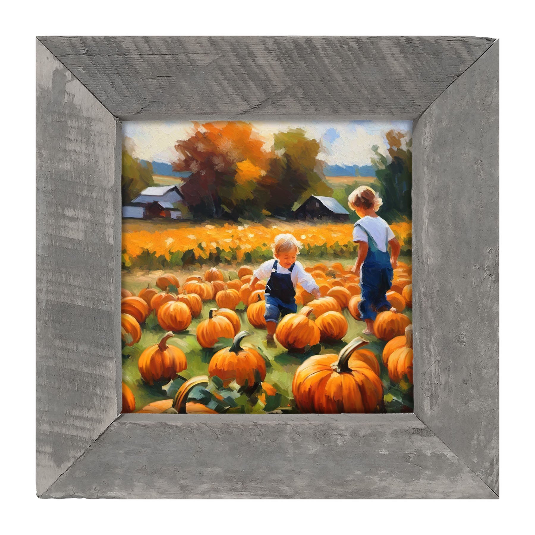 Kids in pumpkin patch - Framed art