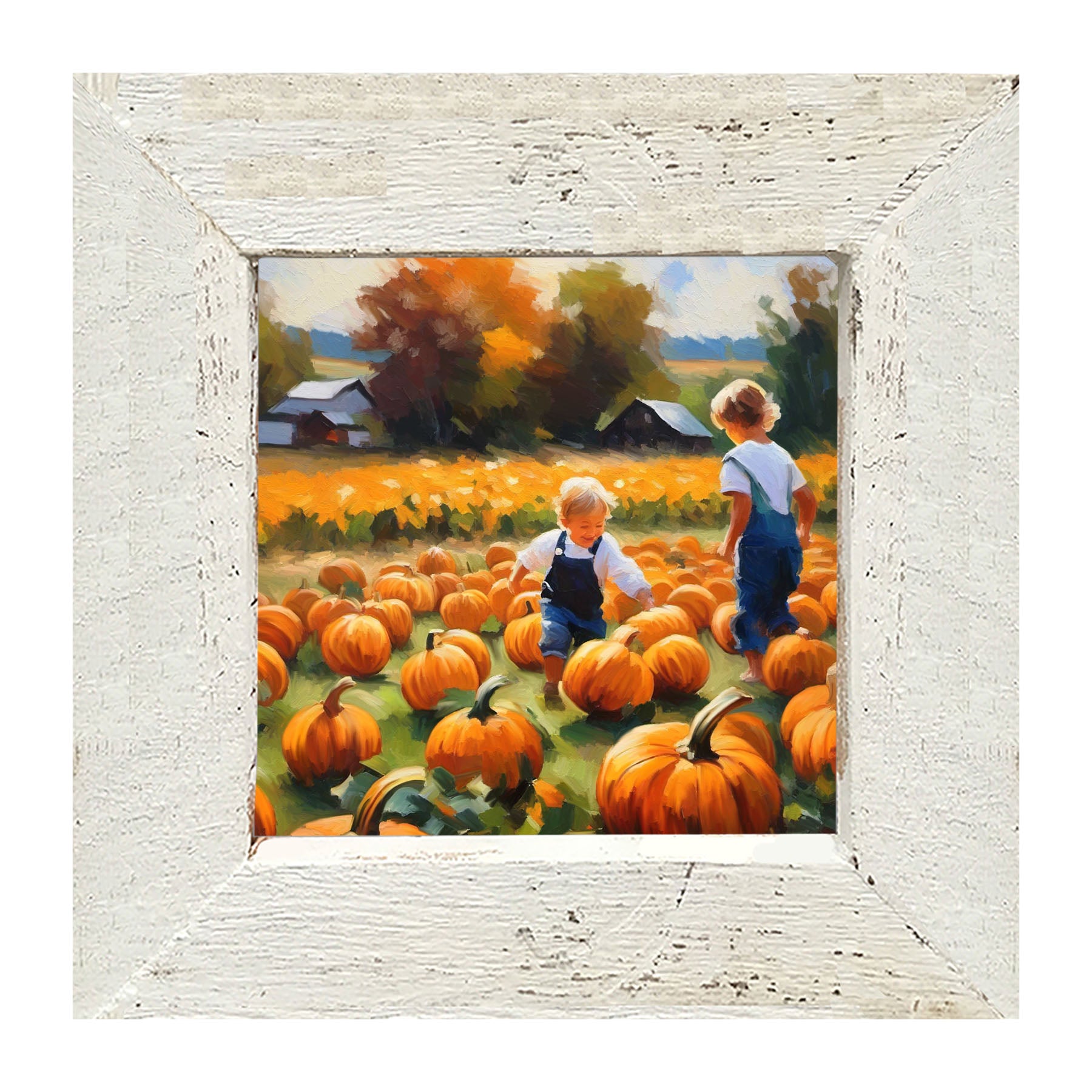Kids in pumpkin patch - Framed art