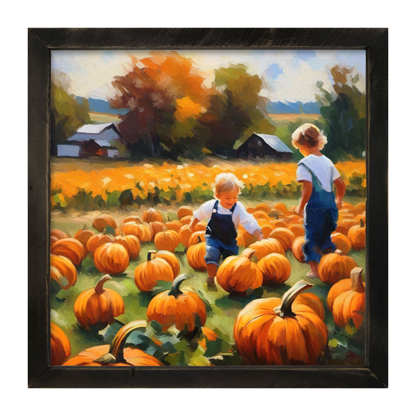 Kids in pumpkin patch - Framed art