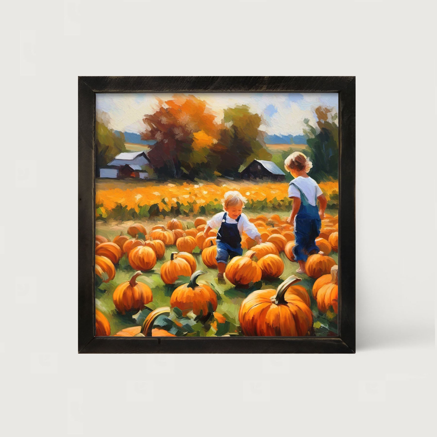 Kids in pumpkin patch - Framed art