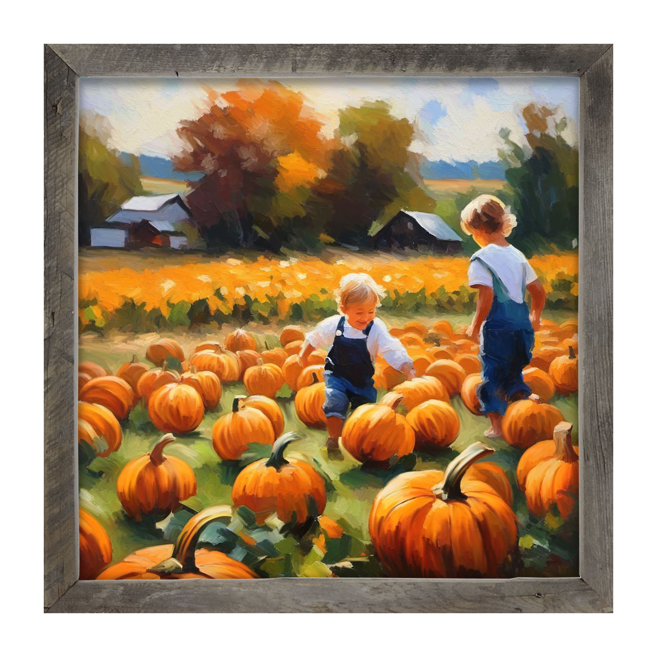 Kids in pumpkin patch - Framed art
