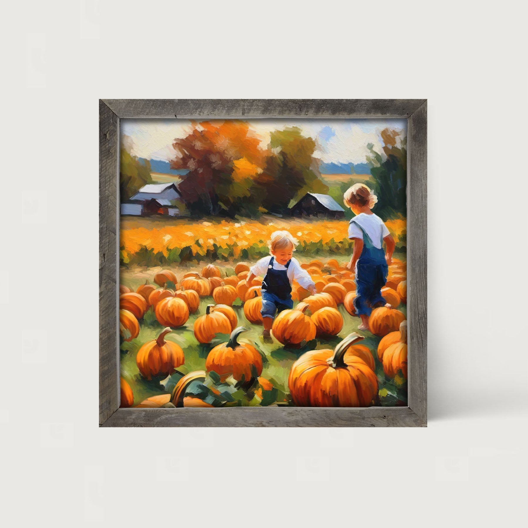 Kids in pumpkin patch - Framed art