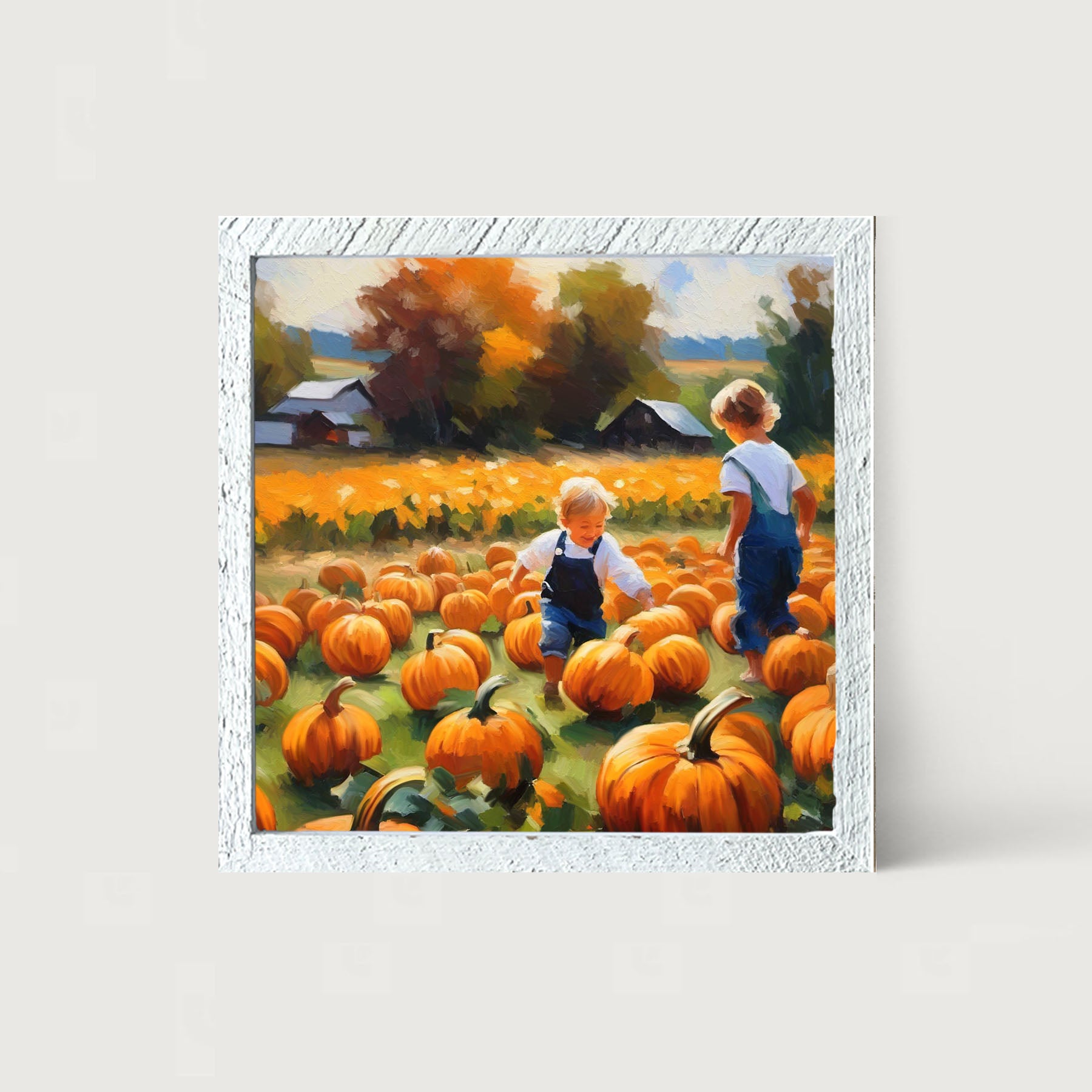 Kids in pumpkin patch - Framed art