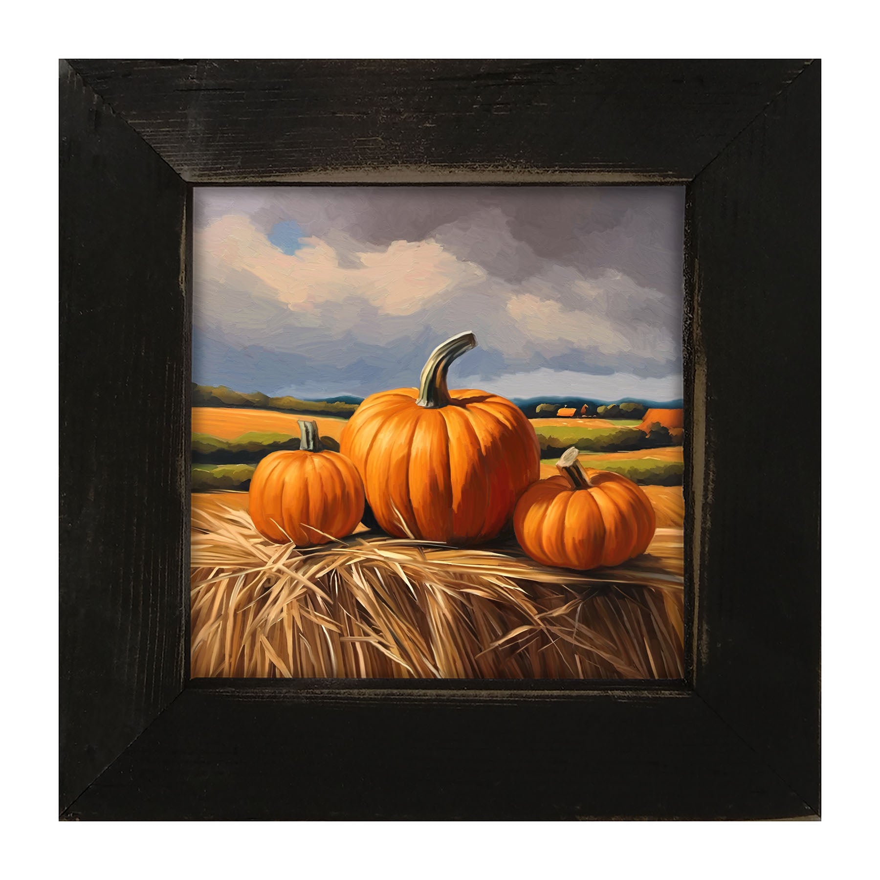 Trio of pumpkins on Hay - Framed art