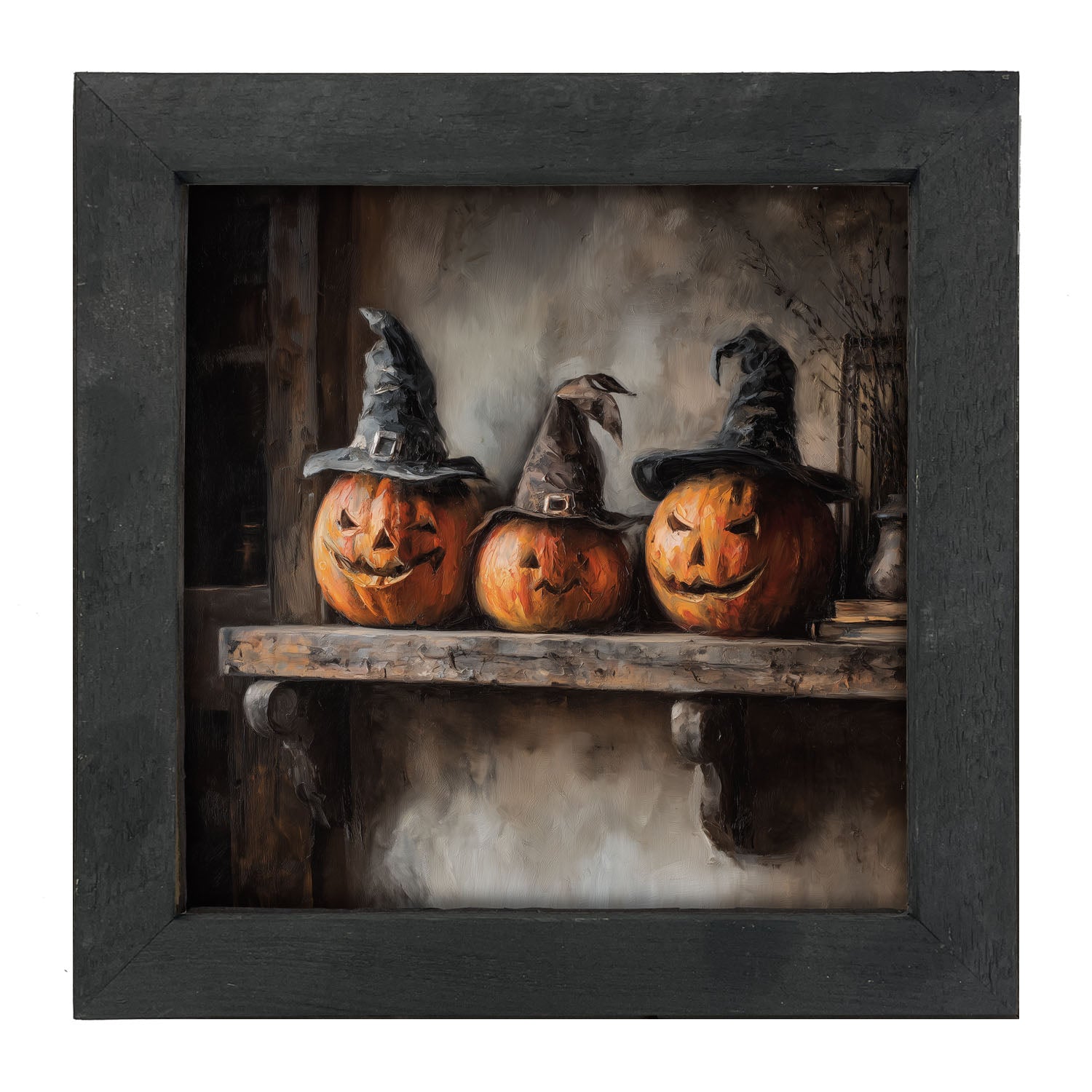 Trio of Jack-o-Lanterns in Witch Hats - Framed Art