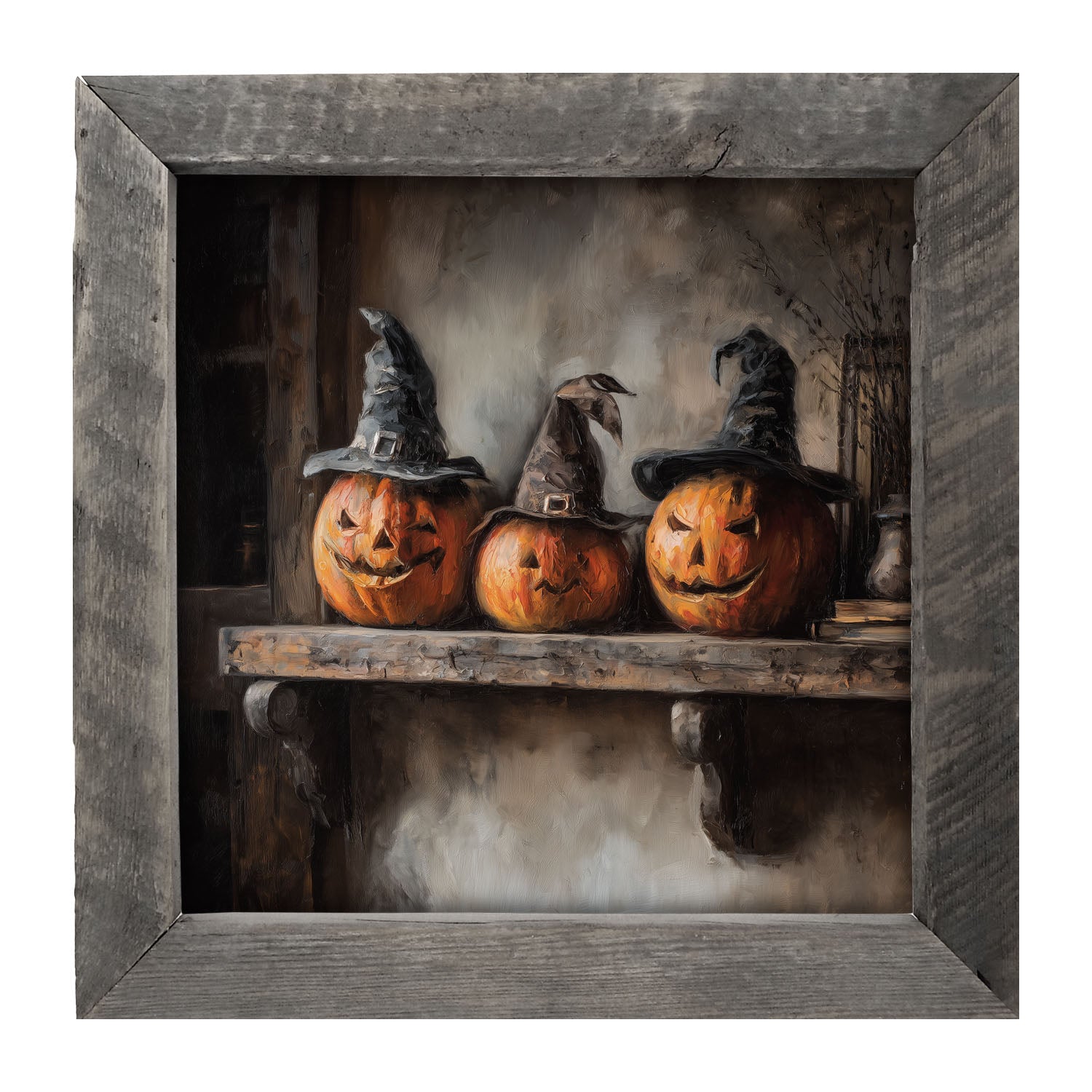 Trio of Jack-o-Lanterns in Witch Hats - Framed Art