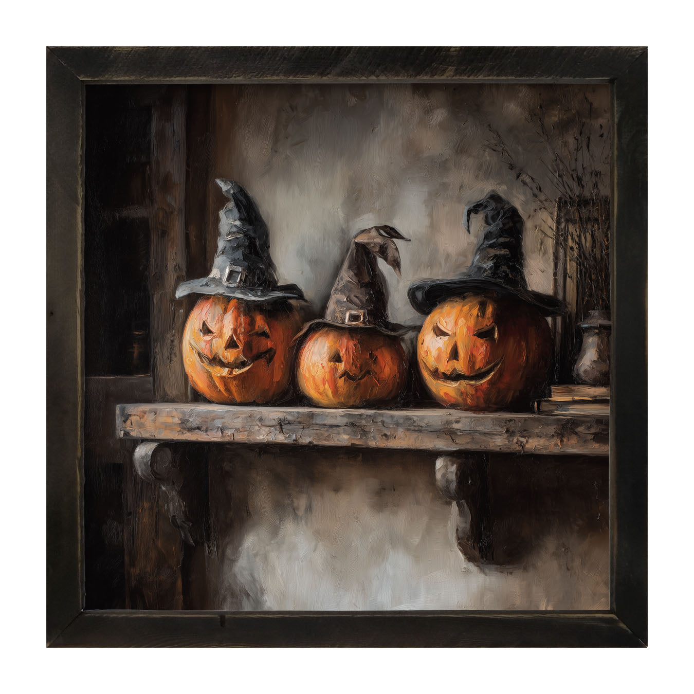 Trio of Jack-o-Lanterns in Witch Hats - Framed Art