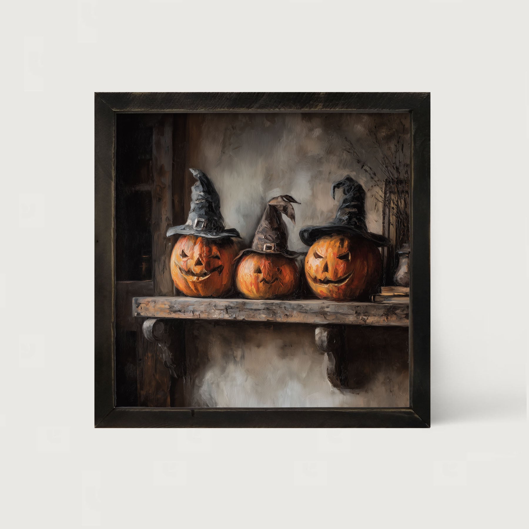 Trio of Jack-o-Lanterns in Witch Hats