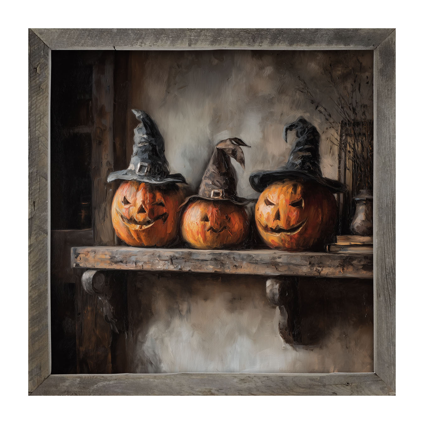 Trio of Jack-o-Lanterns in Witch Hats - Framed Art