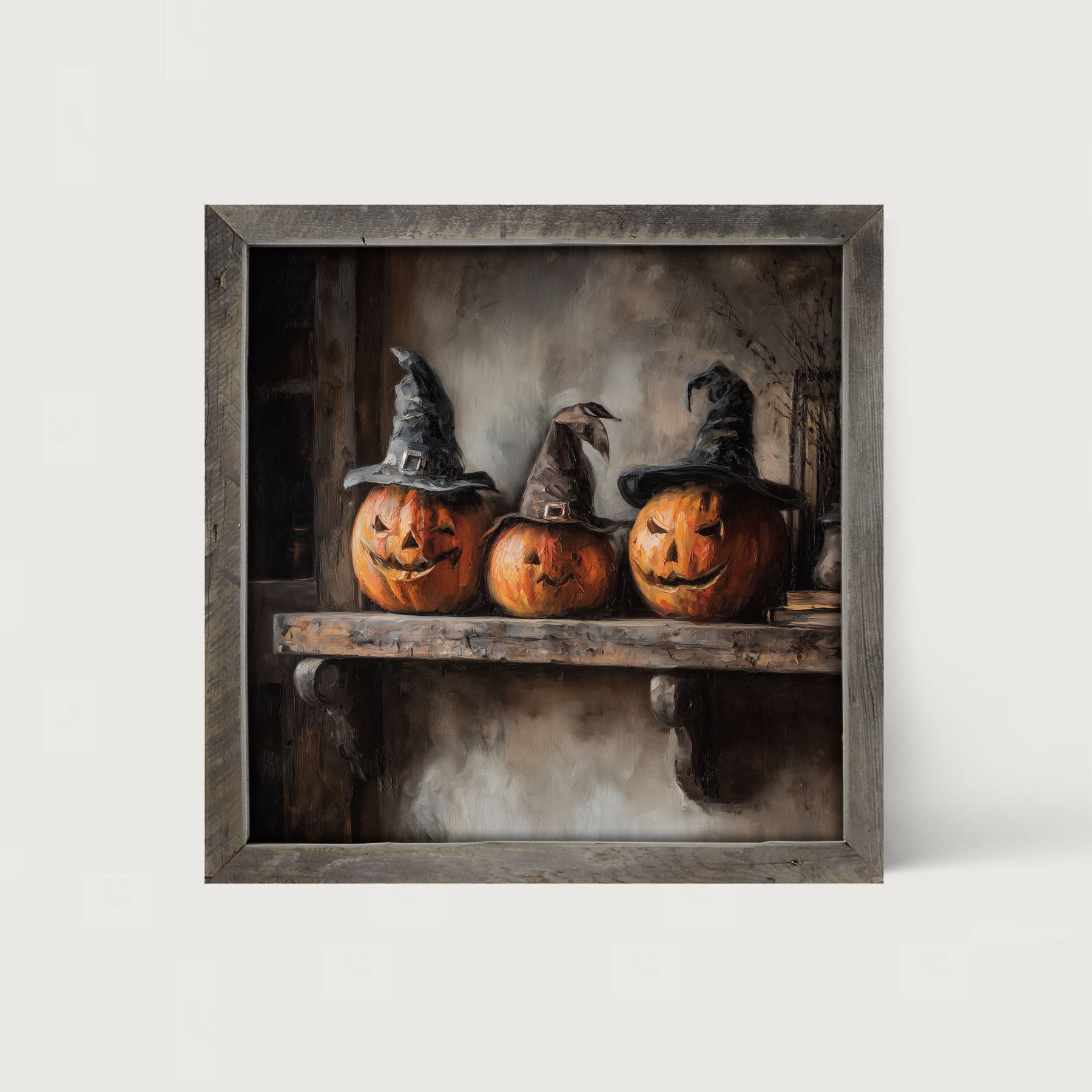 Trio of Jack-o-Lanterns in Witch Hats - Framed Art