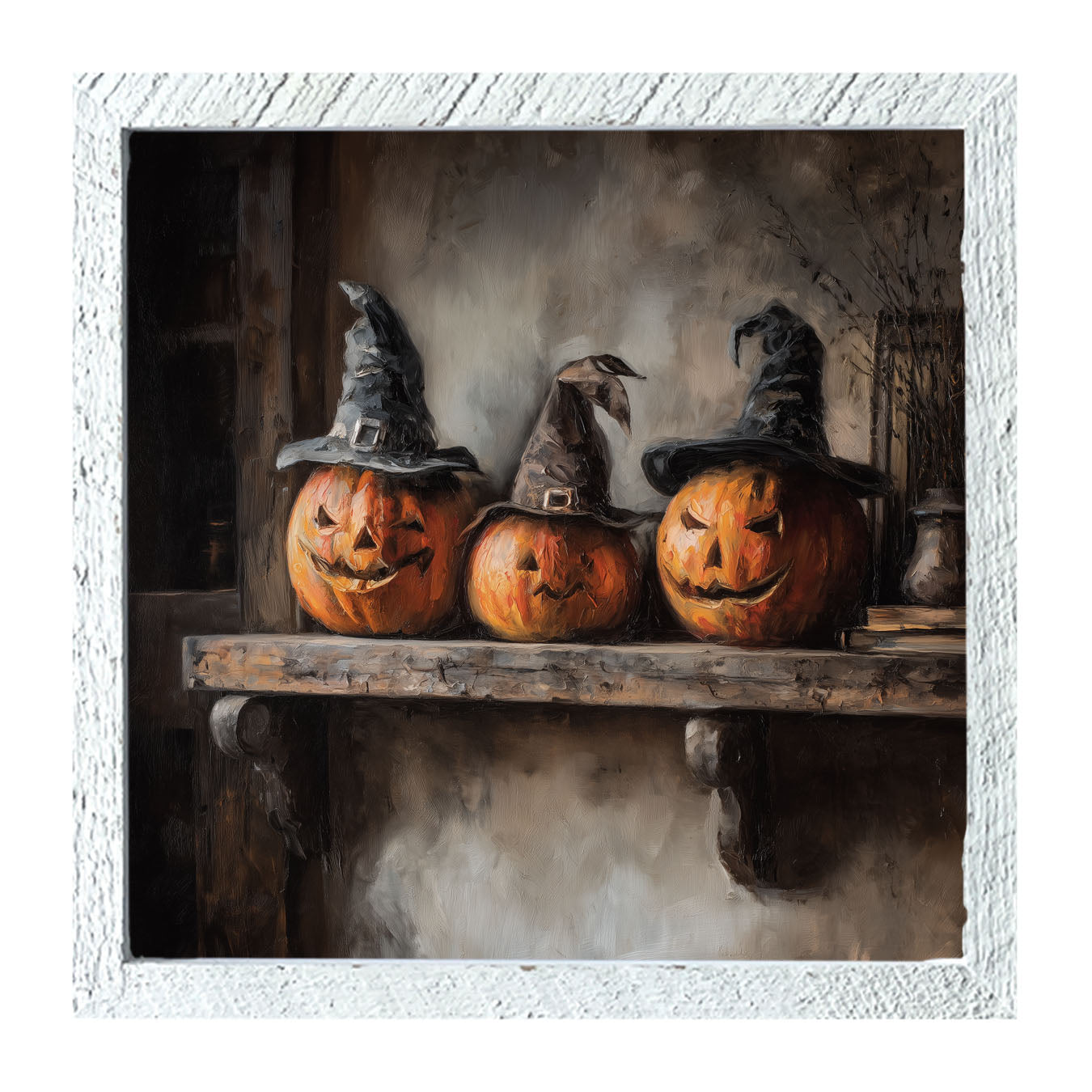 Trio of Jack-o-Lanterns in Witch Hats - Framed Art