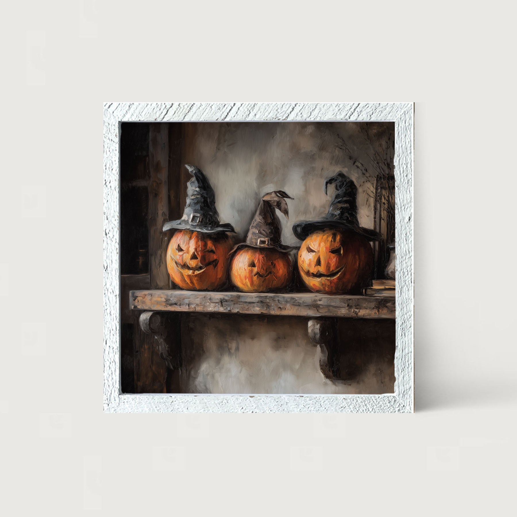 Trio of Jack-o-Lanterns in Witch Hats