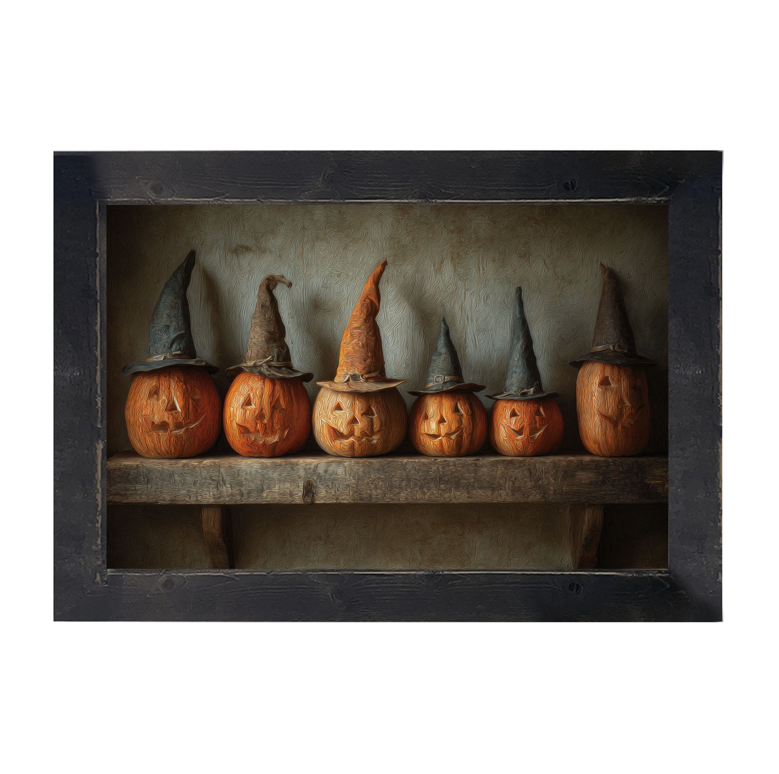 Shelf Full of Jack-o-Lanterns in Witch Hats - Framed Art
