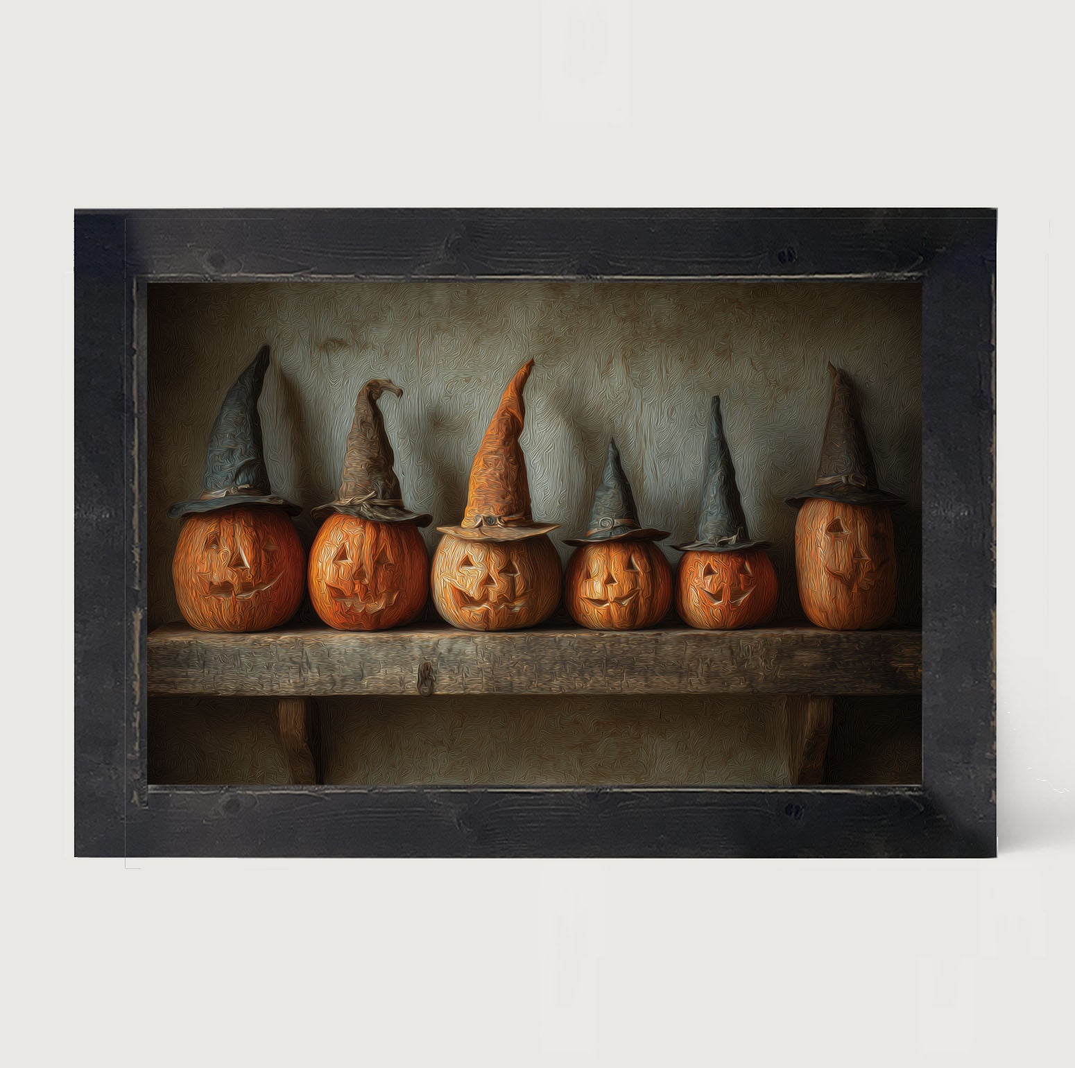 Shelf Full of Jack-o-Lanterns in Witch Hats - Framed Art