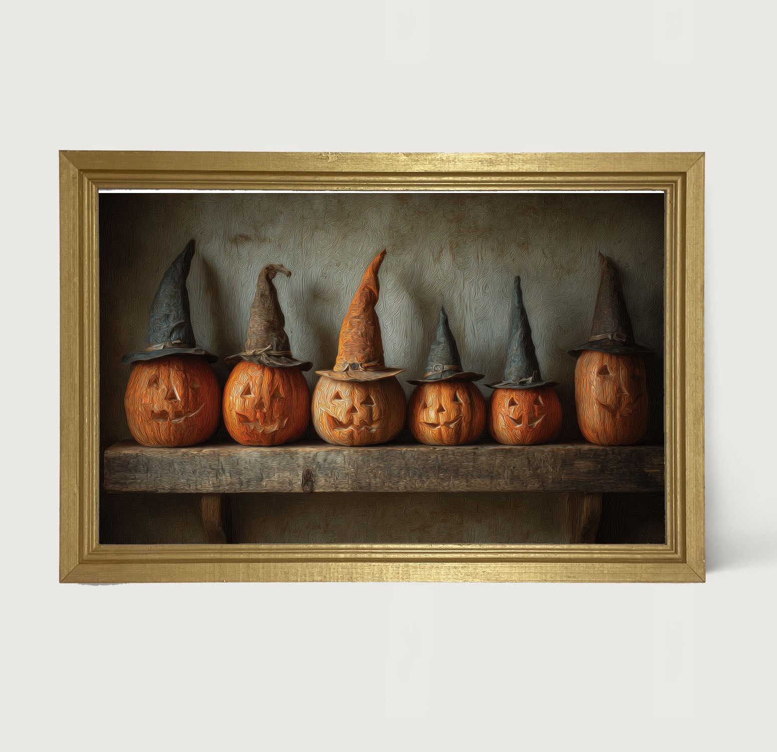 Shelf Full of Jack-o-Lanterns in Witch Hats - Framed Art