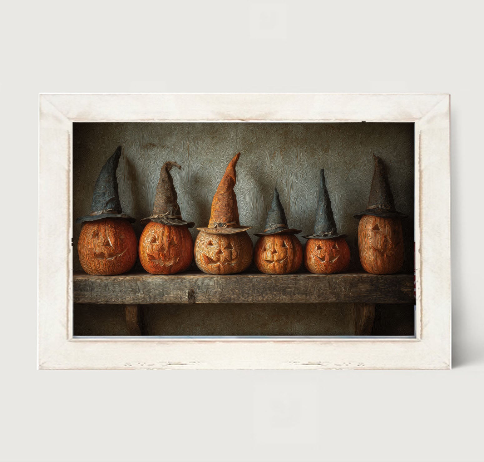 Shelf Full of Jack-o-Lanterns in Witch Hats - Framed Art