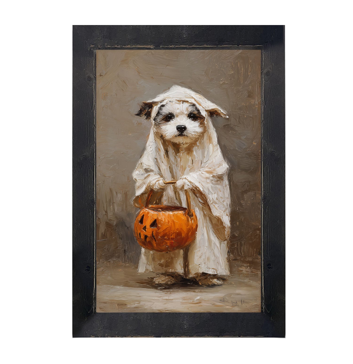 Trick or Treating Pets - Dog as a Ghost - Framed Art