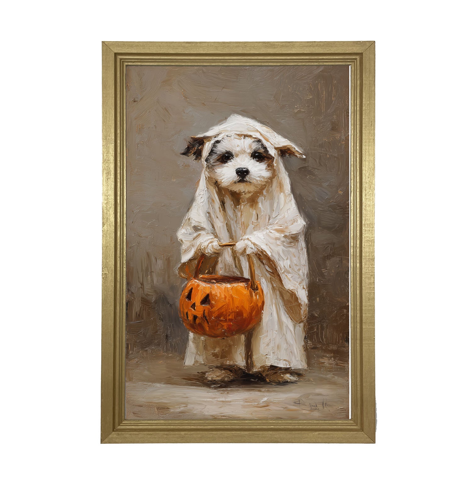 Trick or Treating Pets - Dog as a Ghost - Framed Art